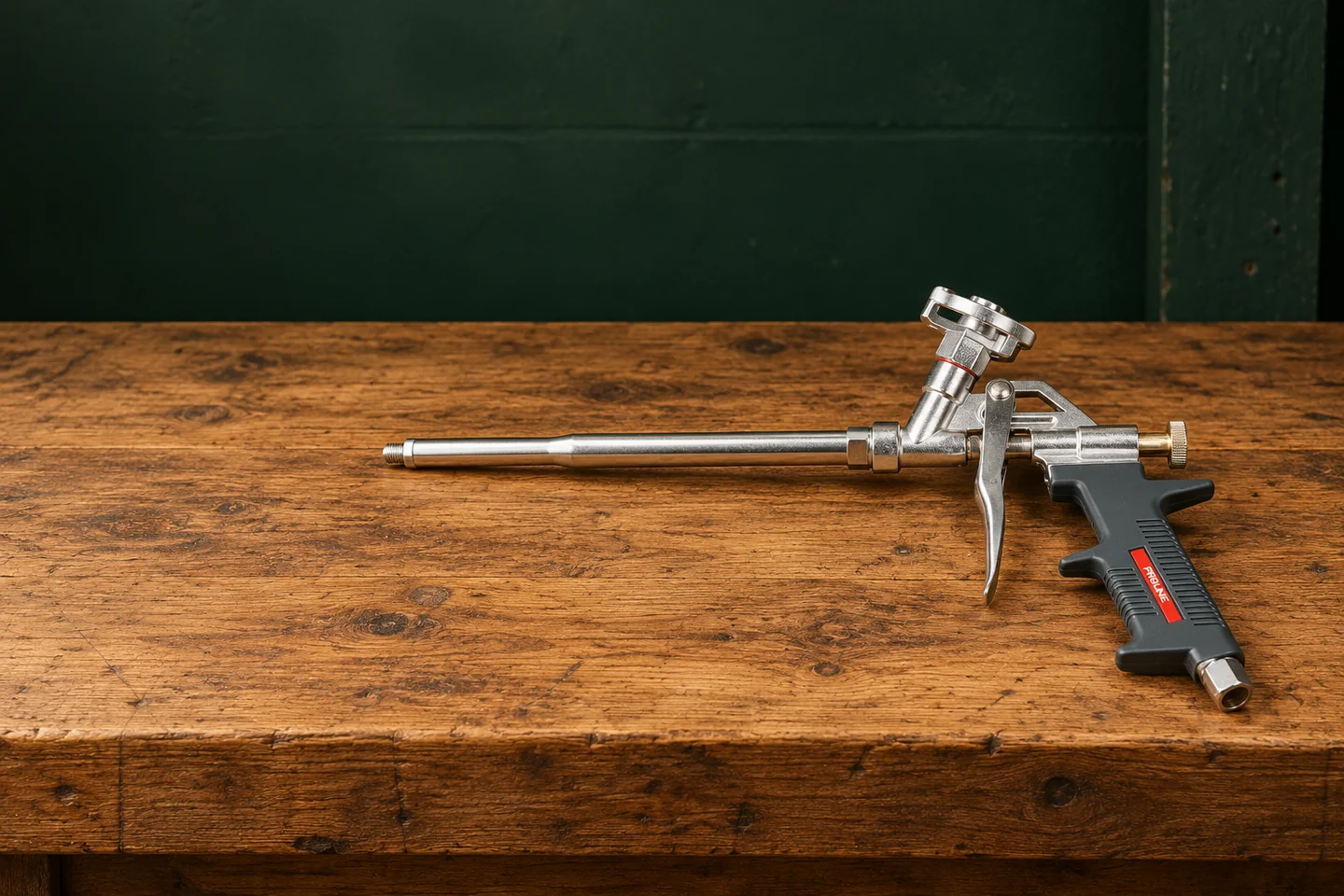 Pistol Spuma cu Corp Metalic 340 mm intr-un decor de atelier.